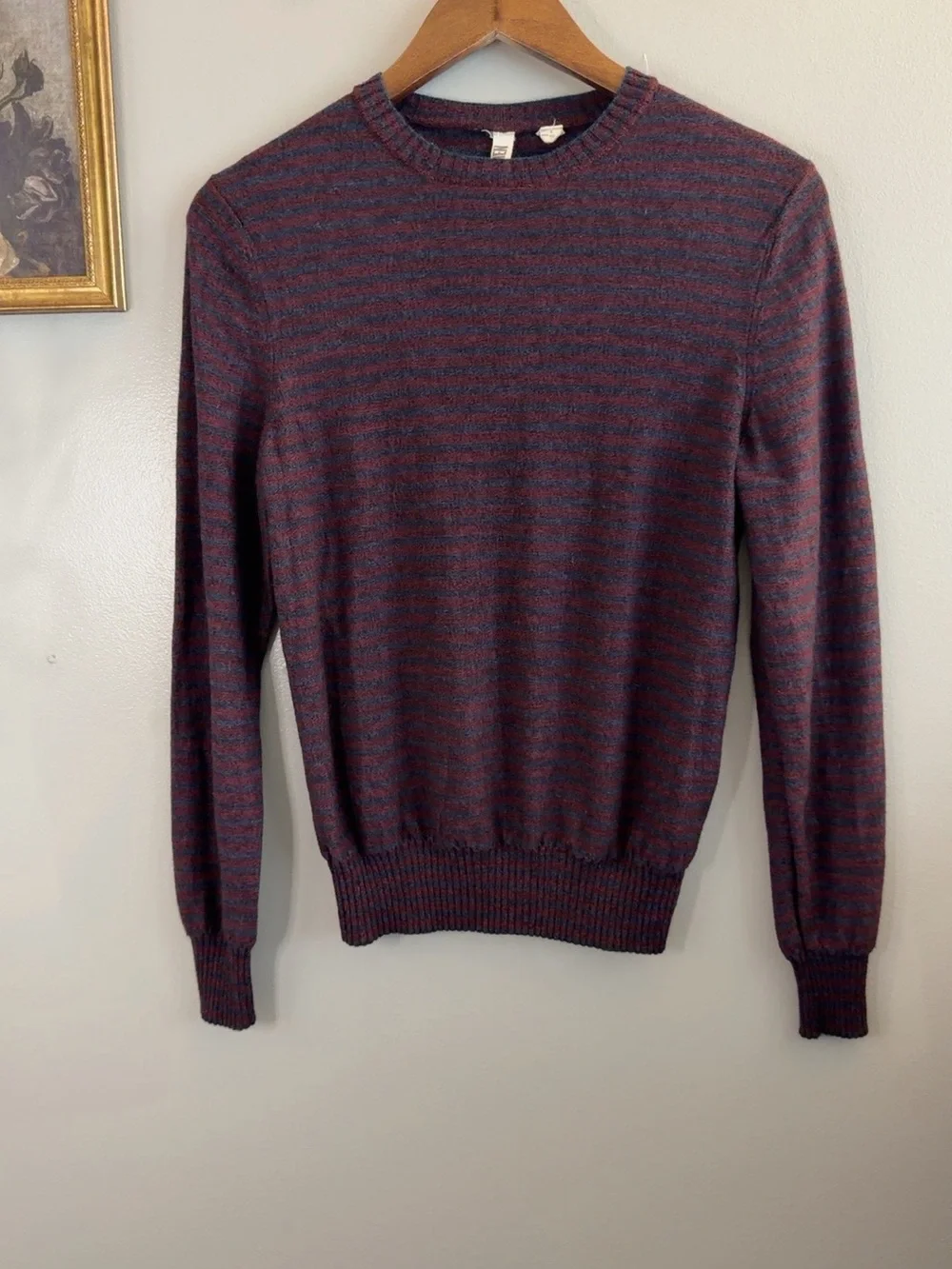 C/89Men Men’s Small 100% Merino Wool Striped Crewneck Sweater Burgundy Navy